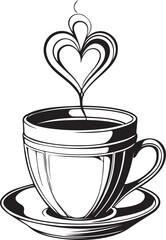 Love in Every Sip: A steaming cup of coffee, its aromatic tendrils gracefully shaped into a heart, symbolizing warmth and affection. The stylized monochrome imagery accentuates the simple elegance.