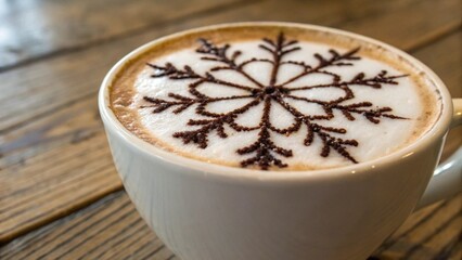 Obraz premium Close Up of Christmas Latte Art with Snowflake Pattern on Coffee Foam for Winter Holiday Concept