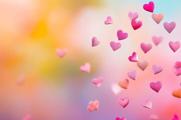 Floating pink hearts on colorful pastel background symbolizing love, romance, happiness, and dreamy emotions