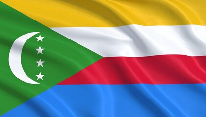 Design Comoros’ flag with four horizontal stripes and a green triangle featuring a crescent and four stars.