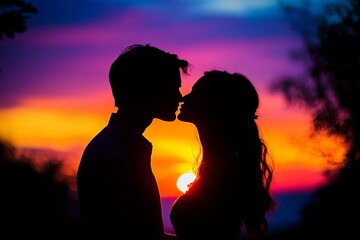 Romantic couple silhouette kissing at sunset with colorful dramatic sky symbolizing love, intimacy, and passion