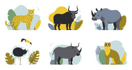 Obraz premium Colorful Cartoon Animals with Nature Elements in Flat Design Style
