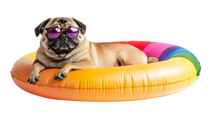Happy Pug Dog in Sunglasses Relaxing on Colorful Inflatable Pool Float isolated on a transparent background