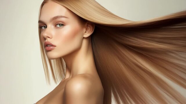 Beautiful woman model with long blond silky shining hair in motion turning to camera.Slow motion video.AI Generative.