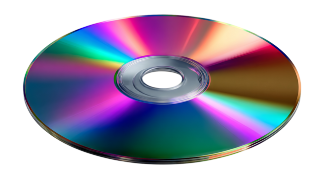 Vibrant reflective compact disc (cd) with rainbow spectrum shine, spinning gracefully — high-resolution PNG-style isolated cutout on transparent background, ideal for album art mockups