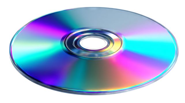 Vibrant reflective compact disc (cd) with rainbow spectrum shine, spinning gracefully — high-resolution PNG-style isolated cutout on transparent background, ideal for album art mockups