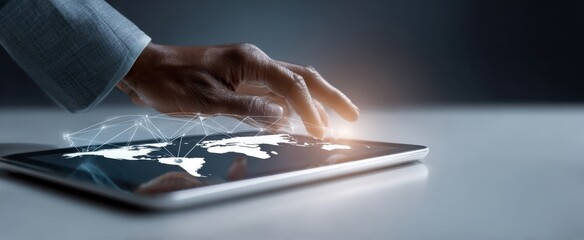 The tablet displaying a glowing world map with connected digital network under a hand