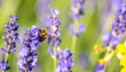 A honeybee gathers nectar from a vibrant cluster of lavender flowers in a lush garden setting.