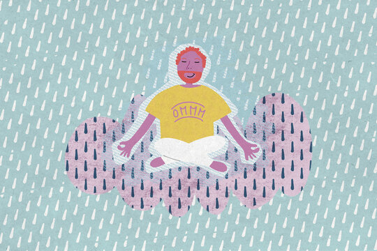 Person meditating on cloud in rain promoting calm and mindfulness