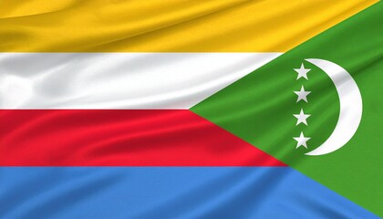 Create a vibrant digital illustration of the Comoros flag with symbolic stripes and a green triangle featuring crescent and stars.