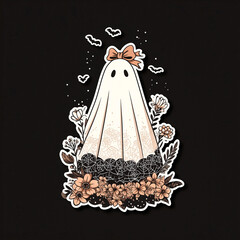 Cute Halloween Ghost with Floral Decor and Bow Illustration
