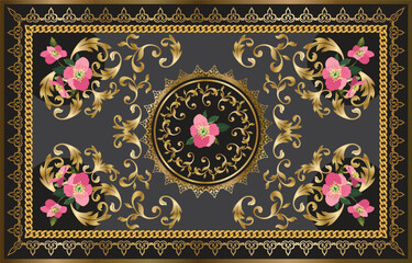 Black and gold luxury leaves background. Vector ornament pattern. Paisley elements. Luxury, Rococo, Persian, Baroque Carpet Design.