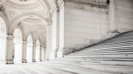 Interior of Classical Architecture, Stone Columns and Steps, Indoor Historic Building Scene