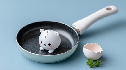 Cute character cooking in a pan kitchen setting digital art playful environment close-up view whimsical concept