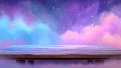 Ethereal backdrop a wooden platform against a vibrant, starry, cloud-filled purple and blue cosmic sky