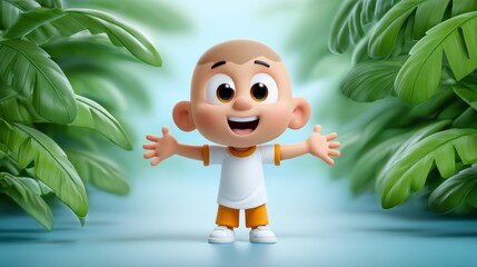Joyful cartoon baby embracing nature garden 3d animation lush greenery upbeat perspective playfulness