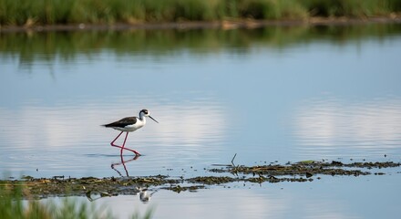 Black wading bird in calm water