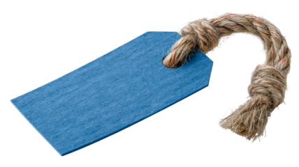 Blue price tag with rope — blank paper label isolated on transparent background, high-resolution PNG cutout for retail pricing, gift tags, packaging and branding mockups, e-commerce product labeling