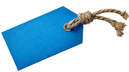 Blue price tag with rope — blank paper label isolated on transparent background, high-resolution PNG cutout for retail pricing, gift tags, packaging and branding mockups, e-commerce product labeling