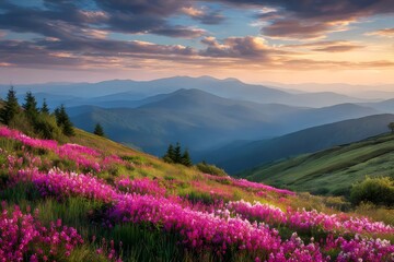 Vibrant pink flowers bloom on a hillside with rolling mountains in the distance at sunset.