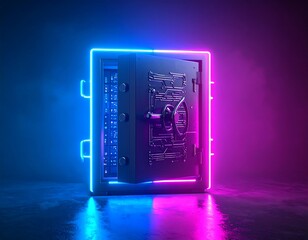 Futuristic safe, slightly ajar, glows with neon pink and blue light on dark surface