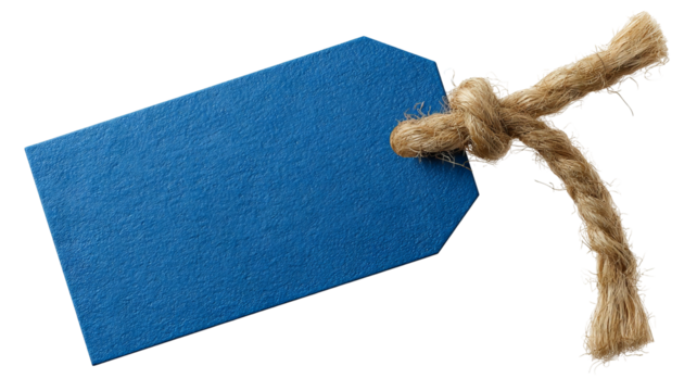 Blue price tag with rope — blank paper label isolated on transparent background, high-resolution PNG cutout for retail pricing, gift tags, packaging and branding mockups, e-commerce product labeling - Powered by Adobe