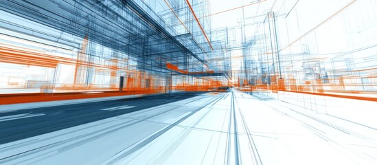 Abstract architectural rendering of a city street, rendered in blue and orange wireframe