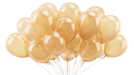 Bouquet of realistic transparent golden balloons — high-resolution PNG cutout on clear background for party decor, celebration design, birthday invitations, wedding graphics, event branding