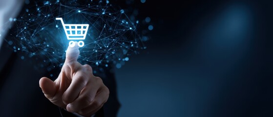 The shopping cart icon being pressed on a futuristic digital ecommerce interface
