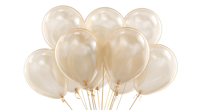 Bouquet of realistic transparent golden balloons — high-resolution PNG cutout on clear background for party decor, celebration design, birthday invitations, wedding graphics, event branding, social me