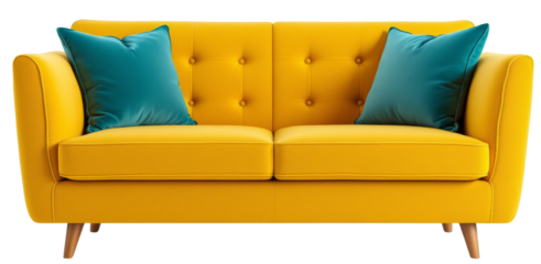 Mustard Yellow Sofa with Teal Pillows on Transparent Background