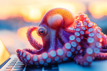 Funny Wild Octopus Using Modern Laptop Computer Outdoors at Sunset, Creative Animal Technology Concept, Generative AI