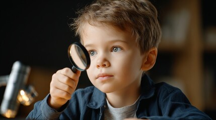 Curious child examines objects with magnifying glass at home focused reflection on discovery and exploration