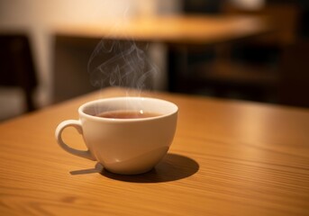Obraz premium Minimal hot tea in white porcelain cup, placed on wooden café table, soft aesthetic light, highly, detailed, soft lighting, realistic, depth of field, cinematic style, warm tones