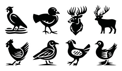 Stylish Black and White Animal Silhouettes Featuring Birds and Deer
