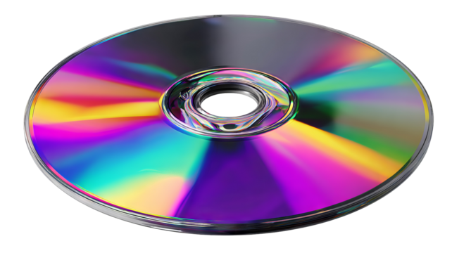 Vibrant reflective compact disc (cd) with rainbow spectrum shine, spinning gracefully — high-resolution PNG-style isolated cutout on transparent background, ideal for album art mockups
