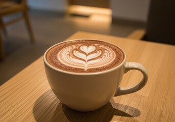 A warm cup of brown coffee on a wooden cafe table, highly, detailed, soft lighting, realistic, depth of field, cinematic style, warm tones