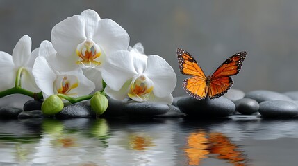 A vibrant butterfly rests on polished stones beside delicate white orchids, exuding tranquility and elegance in the serene setting.