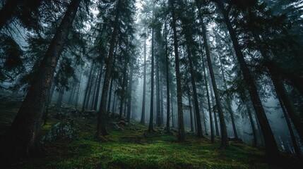 Fototapeta premium Misty forest with tall conifers