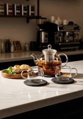Obraz premium Modern luxury tea set with transparent glass teapot and cups, marble café counter, highly, detailed, soft lighting, realistic, depth of field, cinematic style, warm tones