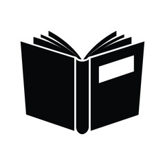 A simple black open book with turned pages sits against a white background