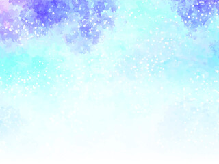 梅雨時のアジサイやネモフィラなど、淡い水色や紫色のお花イメージの背景素材。水彩風テクスチャー。筆のタッチ。水彩の柔らかなにじみ。キラキラした光。水滴の輝き。しっとり感。