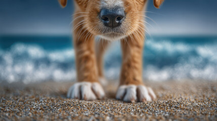 Dog stands on beach on international day with waves in background creating peaceful and joyful atmosphere
