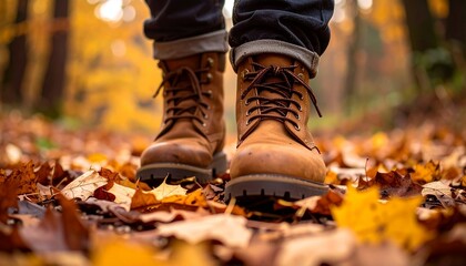 Hiking boots walking through colorful fallen leaves in autumn forest on a crisp fall day, capturing the essence of outdoor adventure and seasonal beauty.