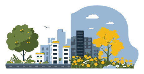Obraz premium Colorful Cartoon Landscape with City and Nature Split Scene Design