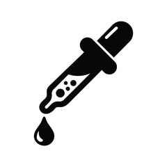 Black dropper with liquid and single drop falling on a white background