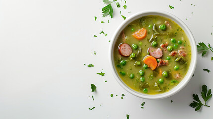 Isolated Erbsensuppe on black background, featuring green pea soup with potatoes, carrots, and sausage