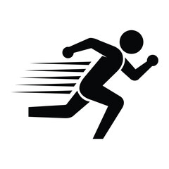Black silhouette illustrates a running man with speed lines on a white background