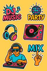 Colorful DJ music stickers set with headphones, turntable, disco ball, party symbols and cartoon character on yellow background.