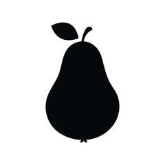 Isolated black pear silhouette featuring a leaf and stem against a white background